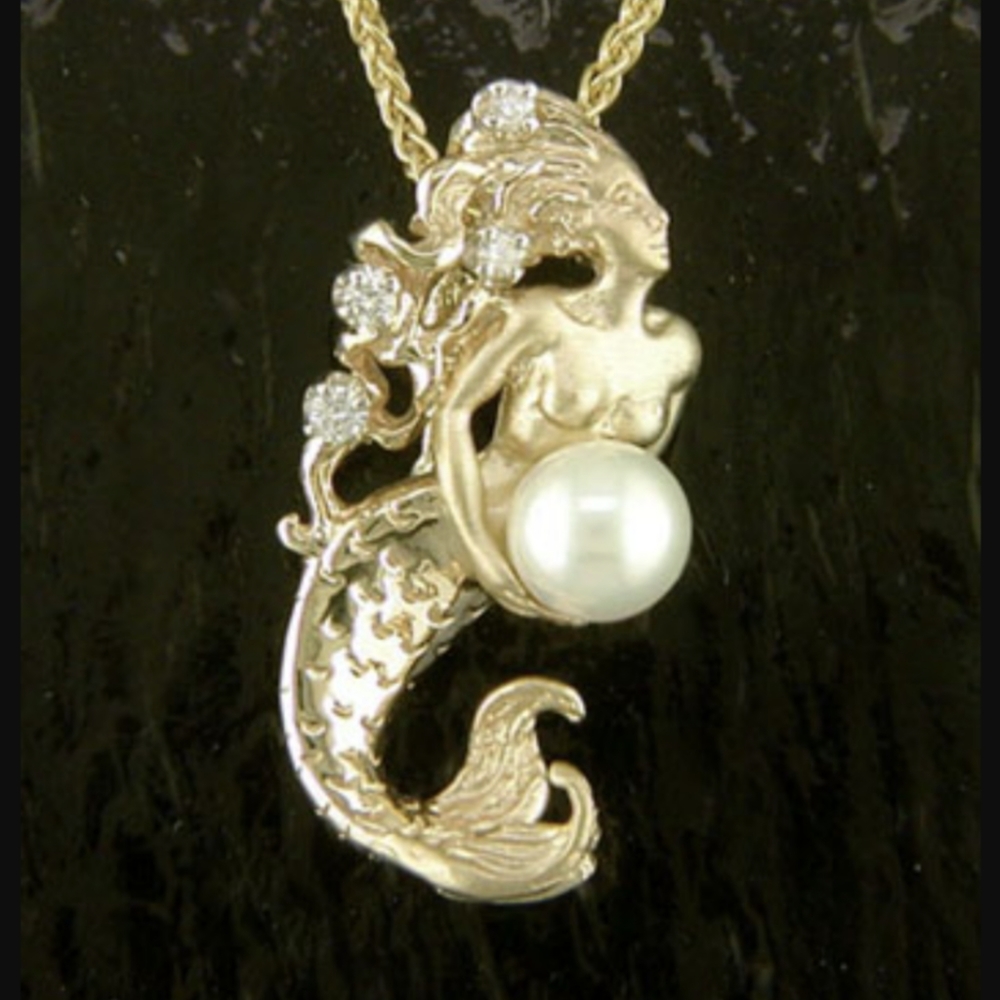 14 Karat Gold Mermaid, Diamond and Pearl Pendant